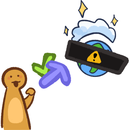 A person pointing to themselves with a blue arrow pointing to an earth with a cloud and stars hanging over it. The earth is covered by a censor bar containing a hazard sign. Behind the blue arrow is a green check mark.